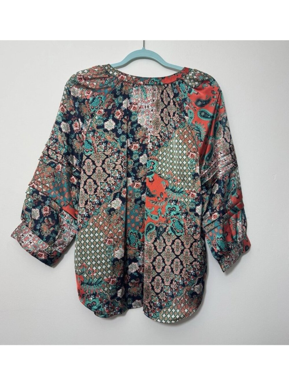 Ruby Rd Womens Multicolor Satin Blouse Size L  Paisley & Floral Print 3/4 Sleeve